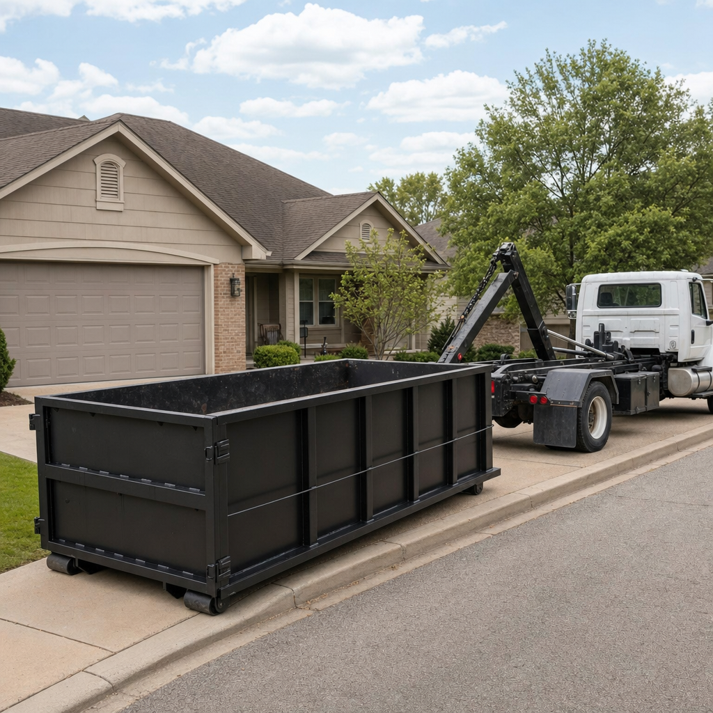 Wide documentary shot of a matte-black roll-off dumpster on a Flower Mound residential driveway in the foreground and a contractor jobsite container in the soft-focus background, bright daylight, calm and orderly composition.